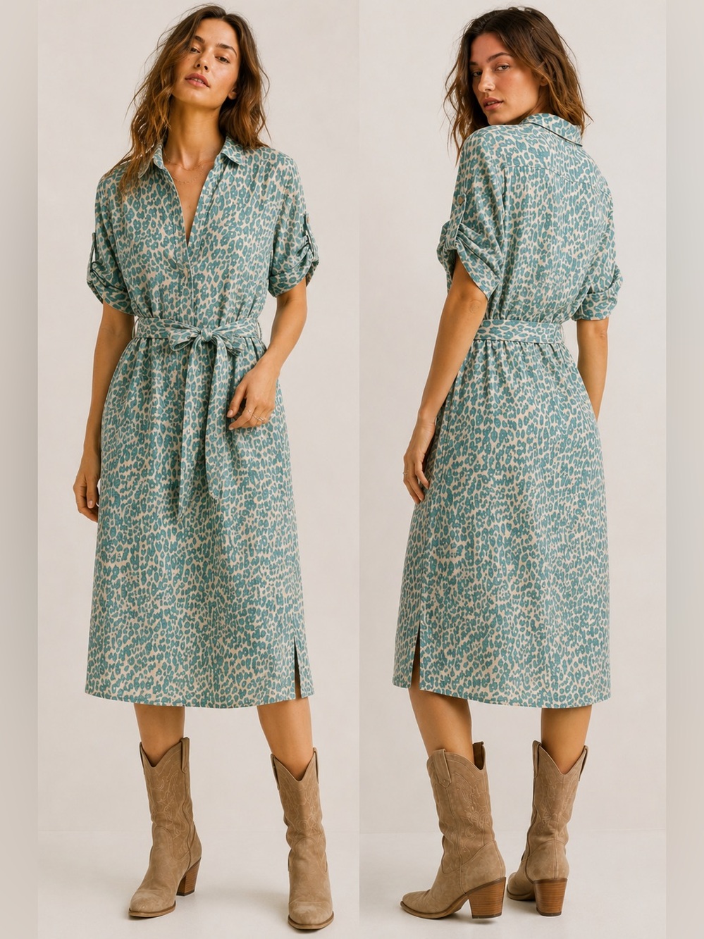 100% Linen Made in Italy Leopard Print Belted Midi Dress
